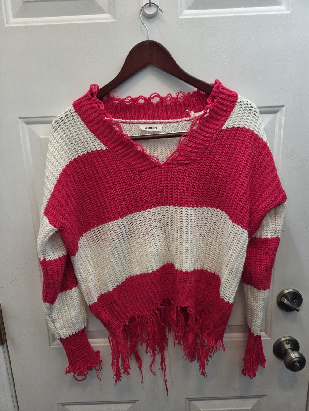 ADORA Hot Pink and Cream Distressed Stripe V-Neck Pullover